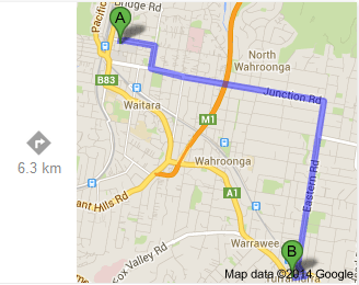 Hornsby-Turramurra (Google - my Pacific Highway route is in yellow)