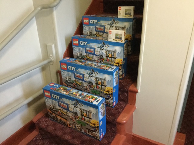 My four City Square sets (and two free bonus sets) outside my apartment, 29 July 2015 (Black and Blue Man)